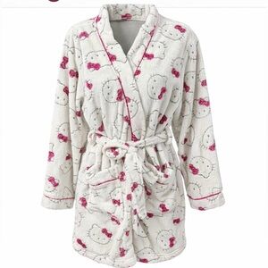 HELLO KITTY Plush Fleece Robe White Pink Size Large Sanrio Cozy Lounge Sleepwear